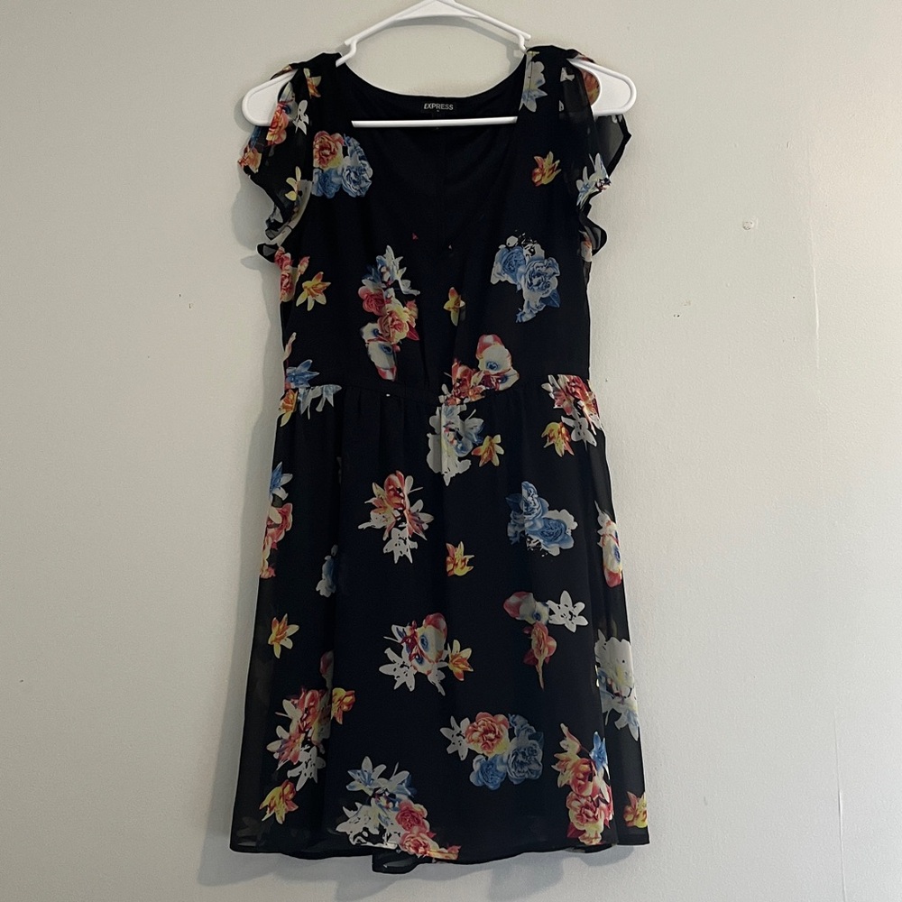 Express Black Dress with Bright Floral Trim